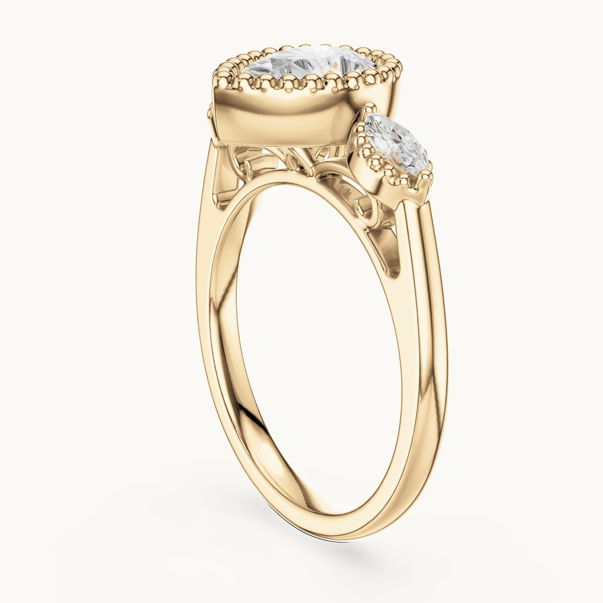 Pear and marquise lab-grown diamond halo engagement ring with marquise side stones in yellow gold, 1.52 CT TW, view 1