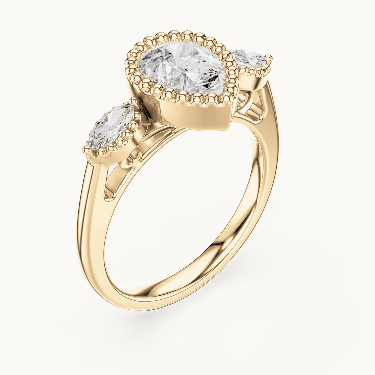 Pear and marquise lab-grown diamond halo engagement ring with marquise side stones in yellow gold, 1.52 CT TW, view 2