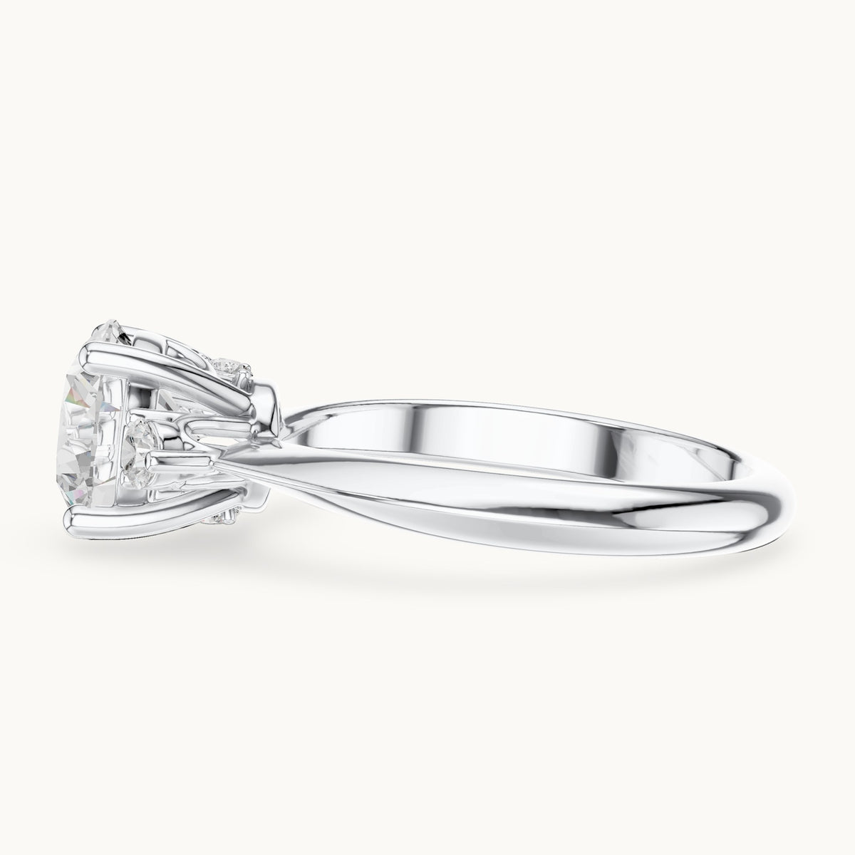 Round lab-grown diamond three-stone engagement ring with hidden accents in white gold, 2.16 CT TW, view 3