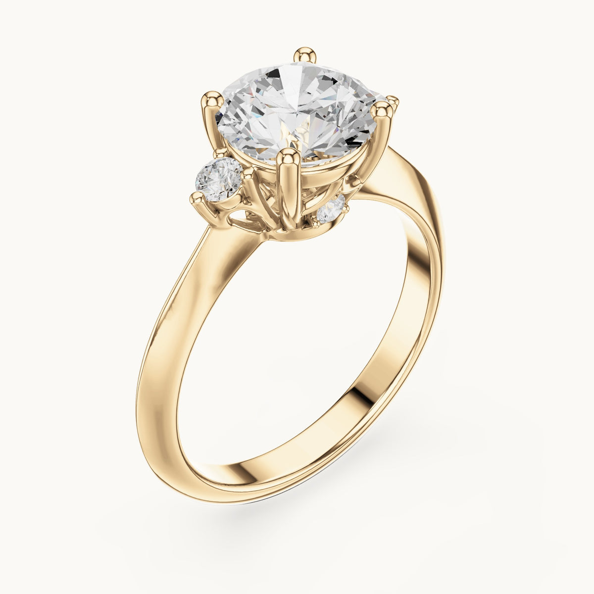 Round lab-grown diamond three-stone engagement ring with hidden accents in yellow gold, 2.16 CT TW, view 2