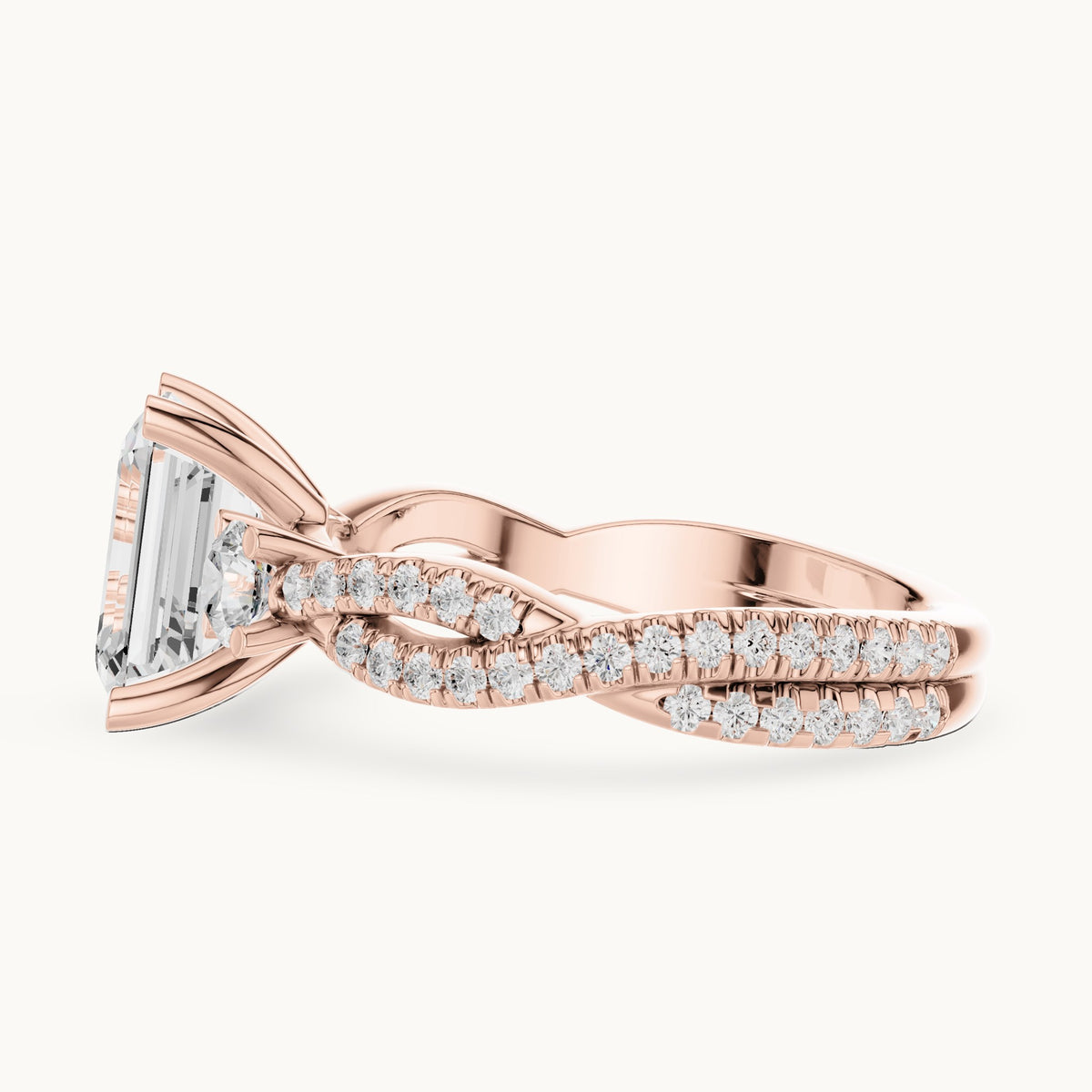 Emerald-cut and round lab-grown diamond twisted pavé engagement ring with side stones in rose gold, 2.778 CT TW, view 3