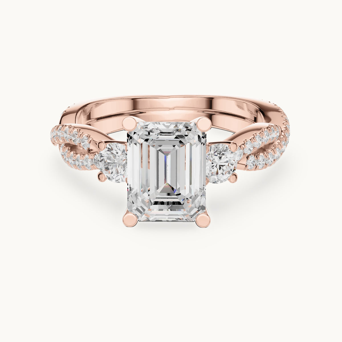 Emerald-cut and round lab-grown diamond twisted pavé engagement ring with side stones in rose gold, 2.778 CT TW, view 4