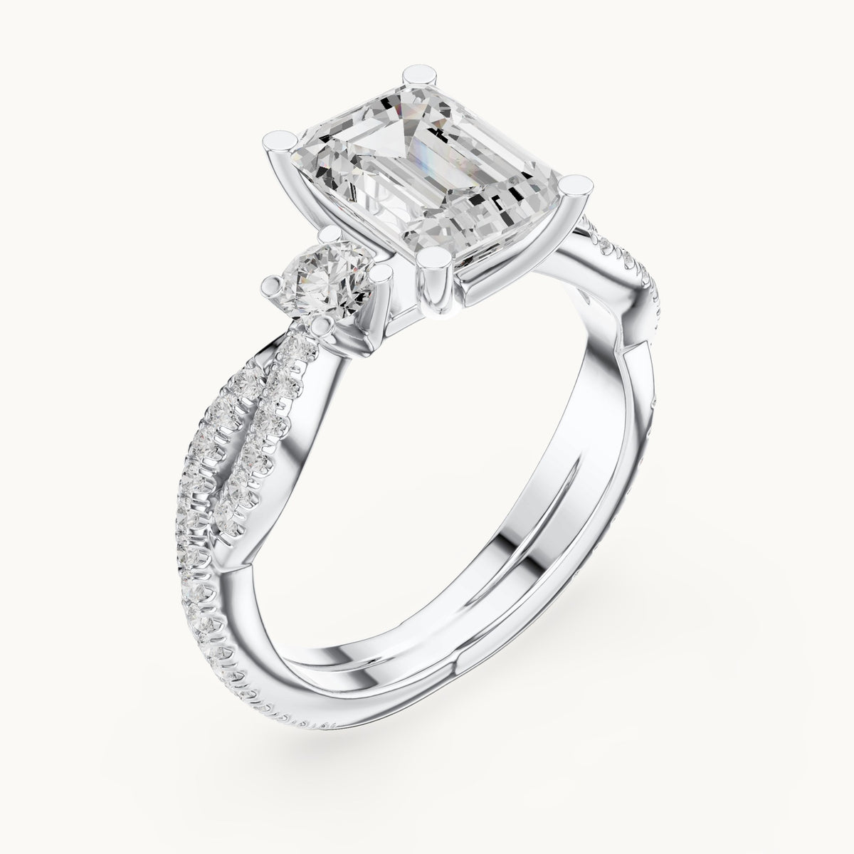 Emerald-cut and round lab-grown diamond twisted pavé engagement ring with side stones in white gold, 2.778 CT TW, view 2