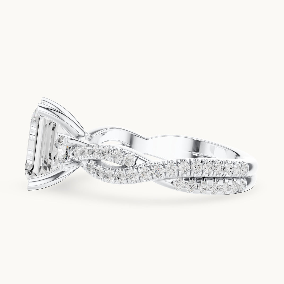 Emerald-cut and round lab-grown diamond twisted pavé engagement ring with side stones in white gold, 2.778 CT TW, view 3