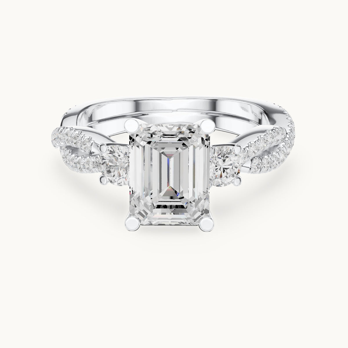 Emerald-cut and round lab-grown diamond twisted pavé engagement ring with side stones in white gold, 2.778 CT TW, view 4