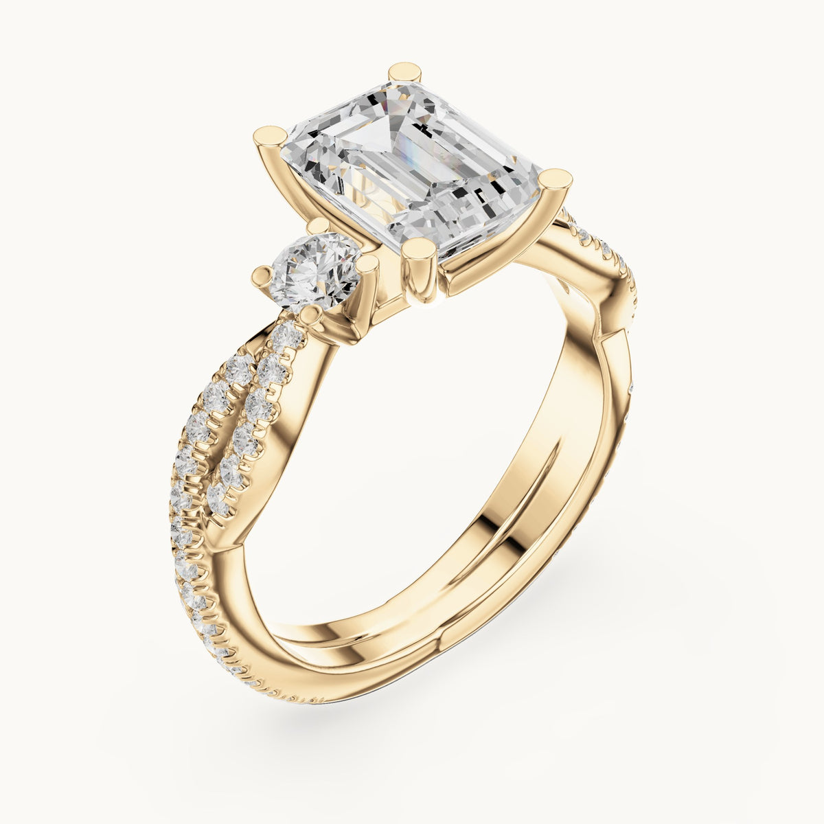 Emerald-cut and round lab-grown diamond twisted pavé engagement ring with side stones in yellow gold, 2.778 CT TW, view 2