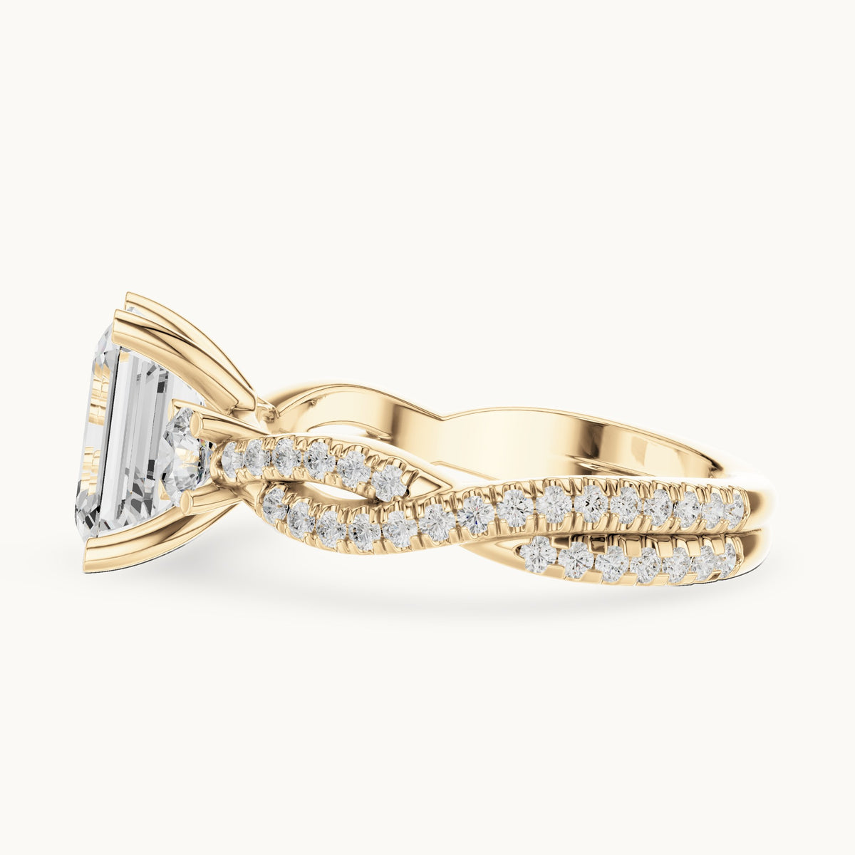 Emerald-cut and round lab-grown diamond twisted pavé engagement ring with side stones in yellow gold, 2.778 CT TW, view 3