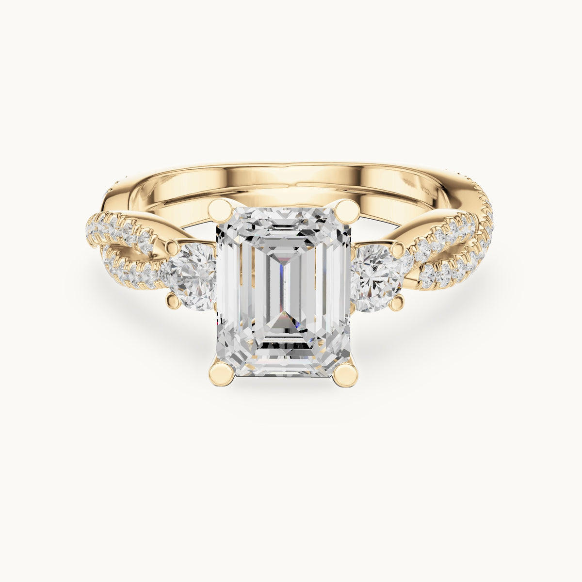 Emerald-cut and round lab-grown diamond twisted pavé engagement ring with side stones in yellow gold, 2.778 CT TW, view 4