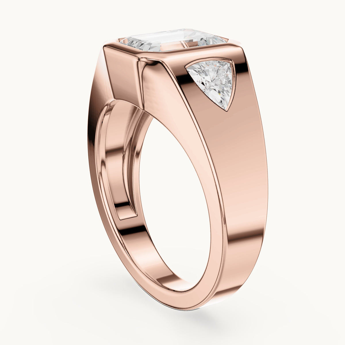 Emerald-cut and trillion lab-grown diamond bezel signet ring with trillion accents in rose gold, 2.52 CT TW, view 1