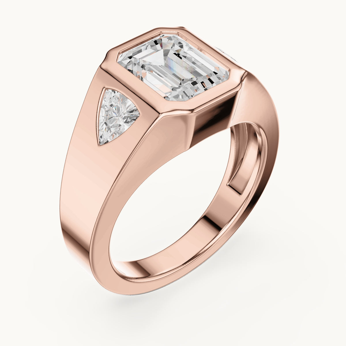 Emerald-cut and trillion lab-grown diamond bezel signet ring with trillion accents in rose gold, 2.52 CT TW, view 2