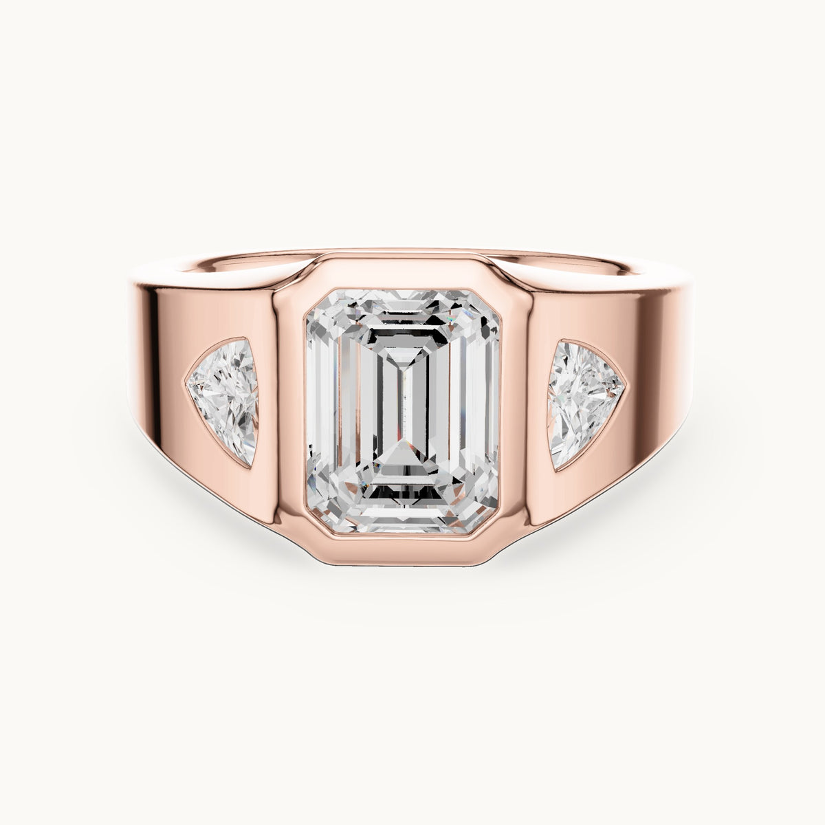 Emerald-cut and trillion lab-grown diamond bezel signet ring with trillion accents in rose gold, 2.52 CT TW, view 4