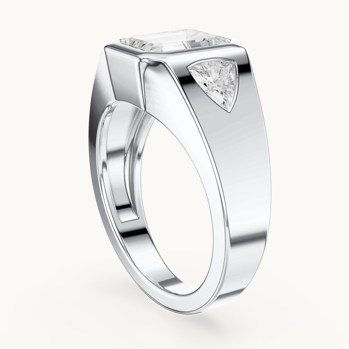 Emerald-cut and trillion lab-grown diamond bezel signet ring with trillion accents in white gold, 2.52 CT TW, view 1