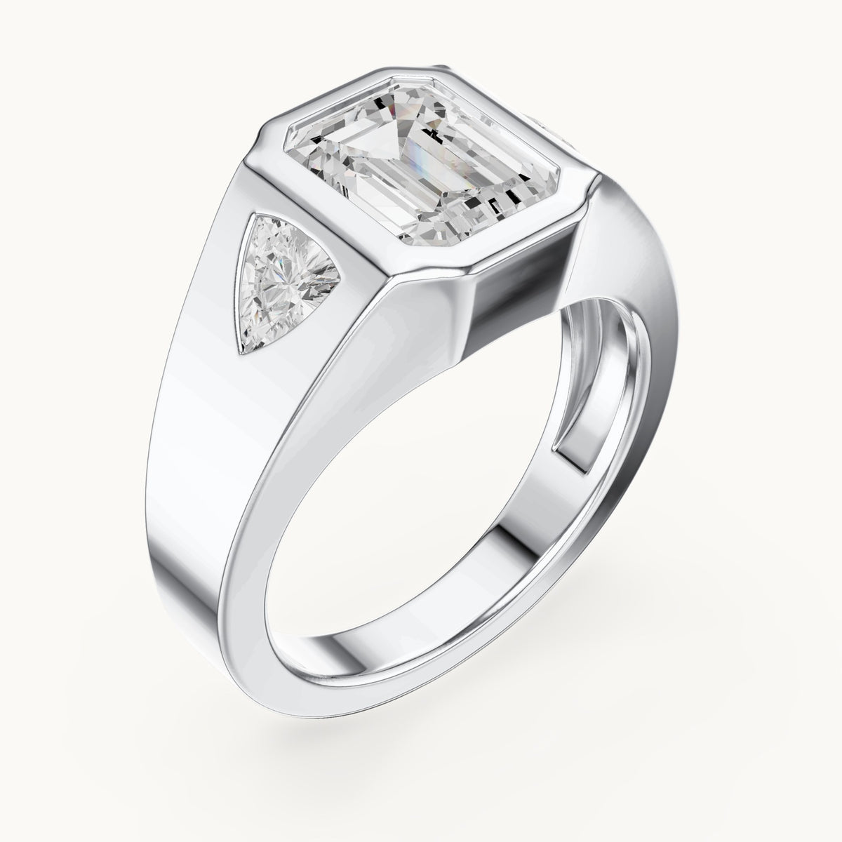 Emerald-cut and trillion lab-grown diamond bezel signet ring with trillion accents in white gold, 2.52 CT TW, view 2