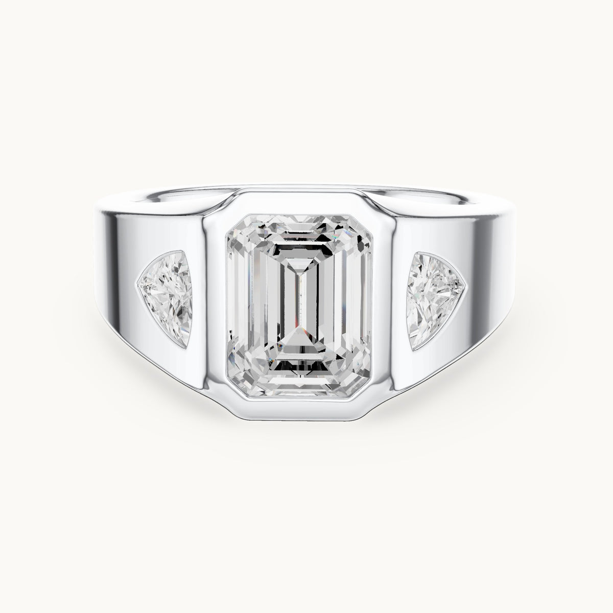 Emerald-cut and trillion lab-grown diamond bezel signet ring with trillion accents in white gold, 2.52 CT TW, view 4
