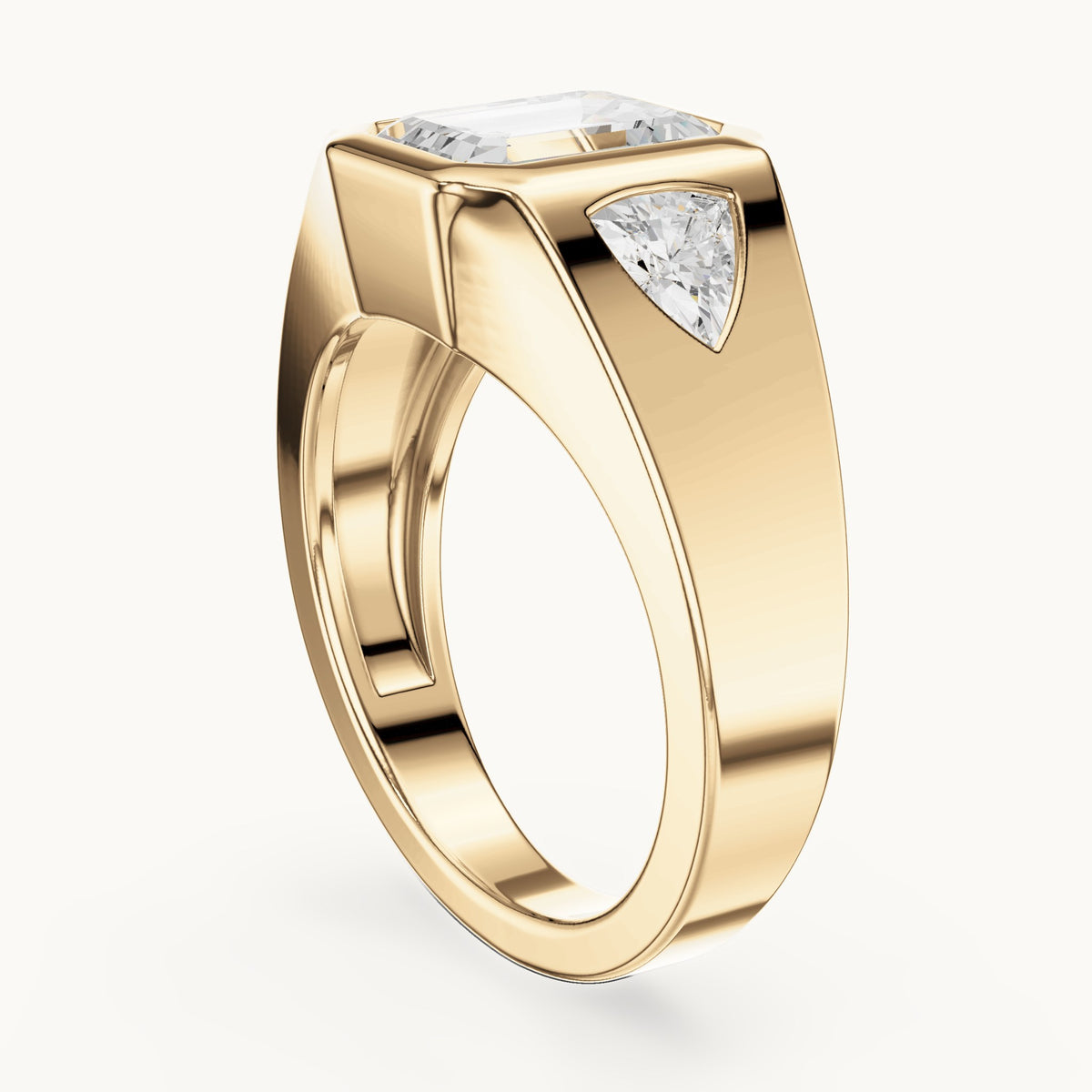 Emerald-cut and trillion lab-grown diamond bezel signet ring with trillion accents in yellow gold, 2.52 CT TW, view 1