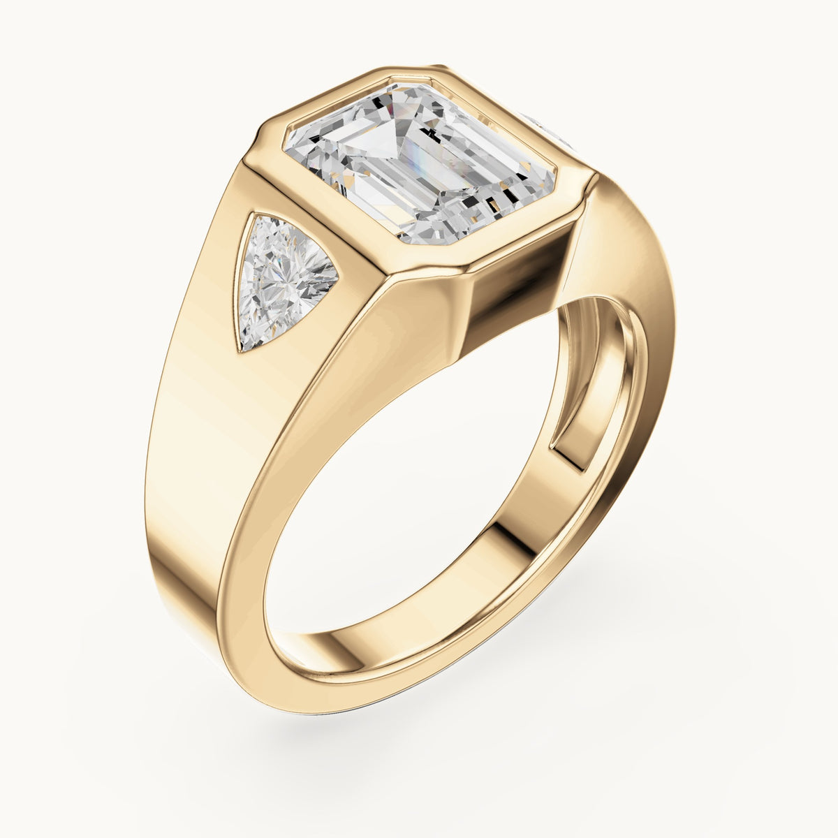Emerald-cut and trillion lab-grown diamond bezel signet ring with trillion accents in yellow gold, 2.52 CT TW, view 2