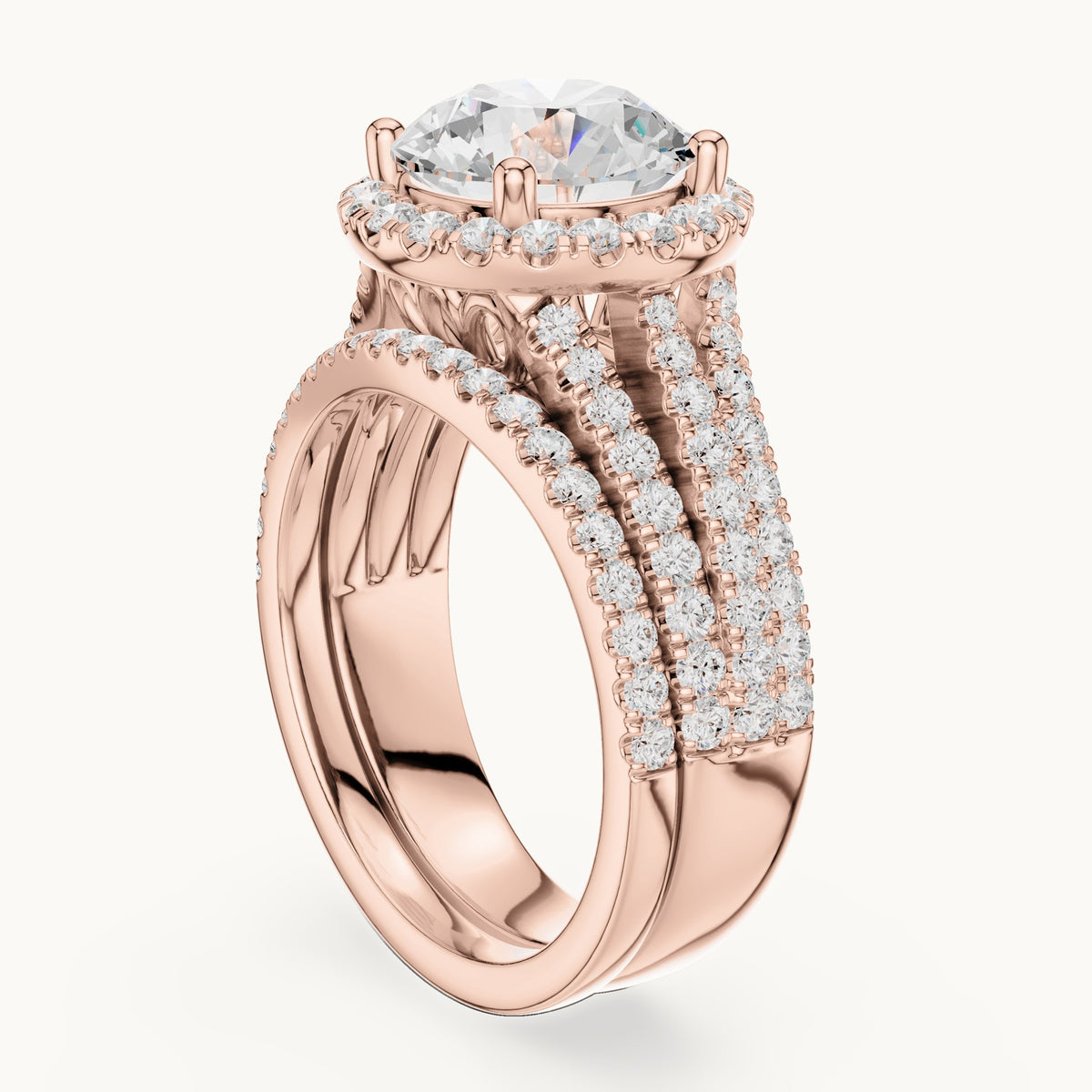 Round lab-grown diamond halo engagement ring with triple-row band in rose gold, 3.63 CT TW, view 1