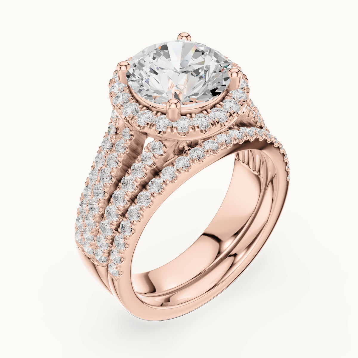 Round lab-grown diamond halo engagement ring with triple-row band in rose gold, 3.63 CT TW, view 2