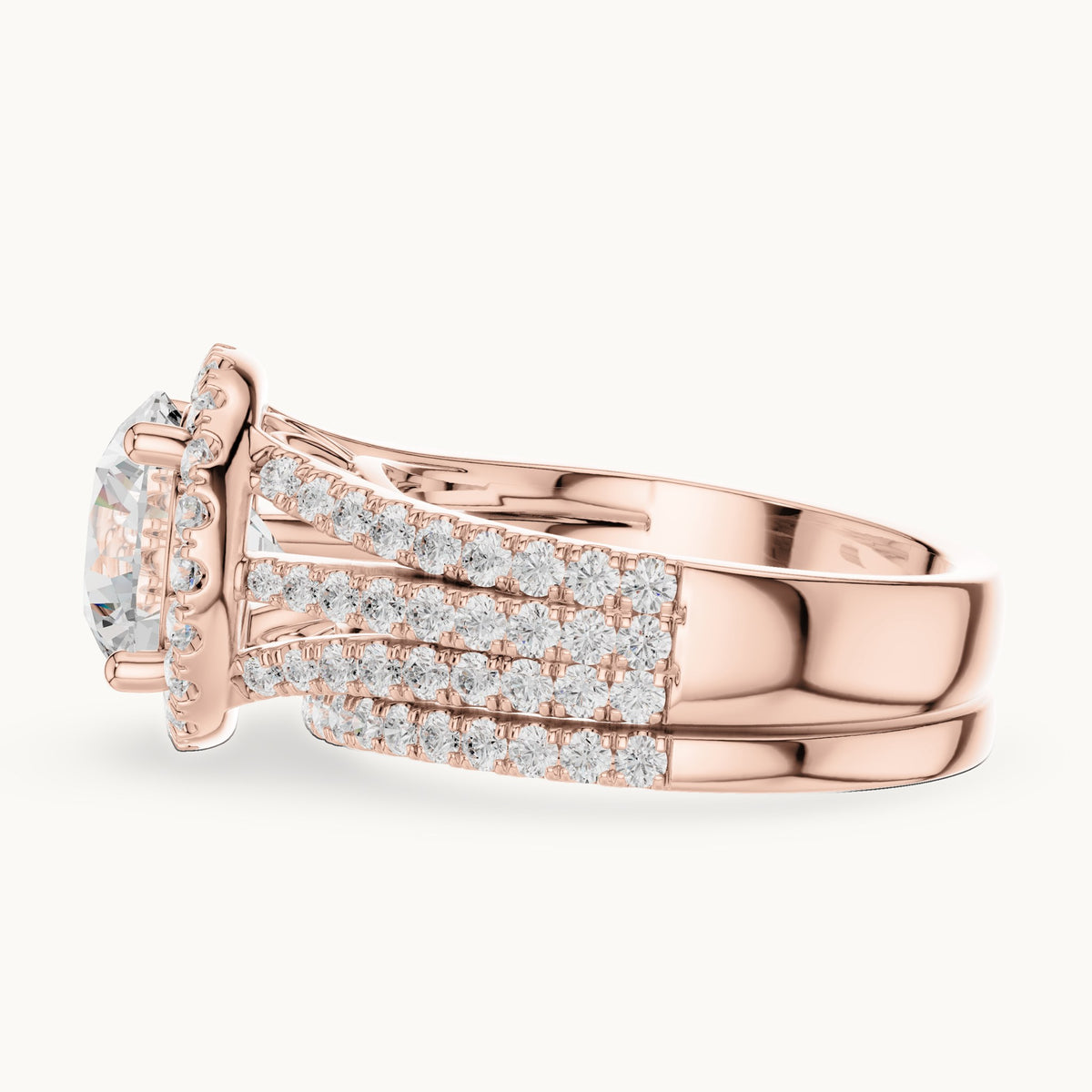 Round lab-grown diamond halo engagement ring with triple-row band in rose gold, 3.63 CT TW, view 3