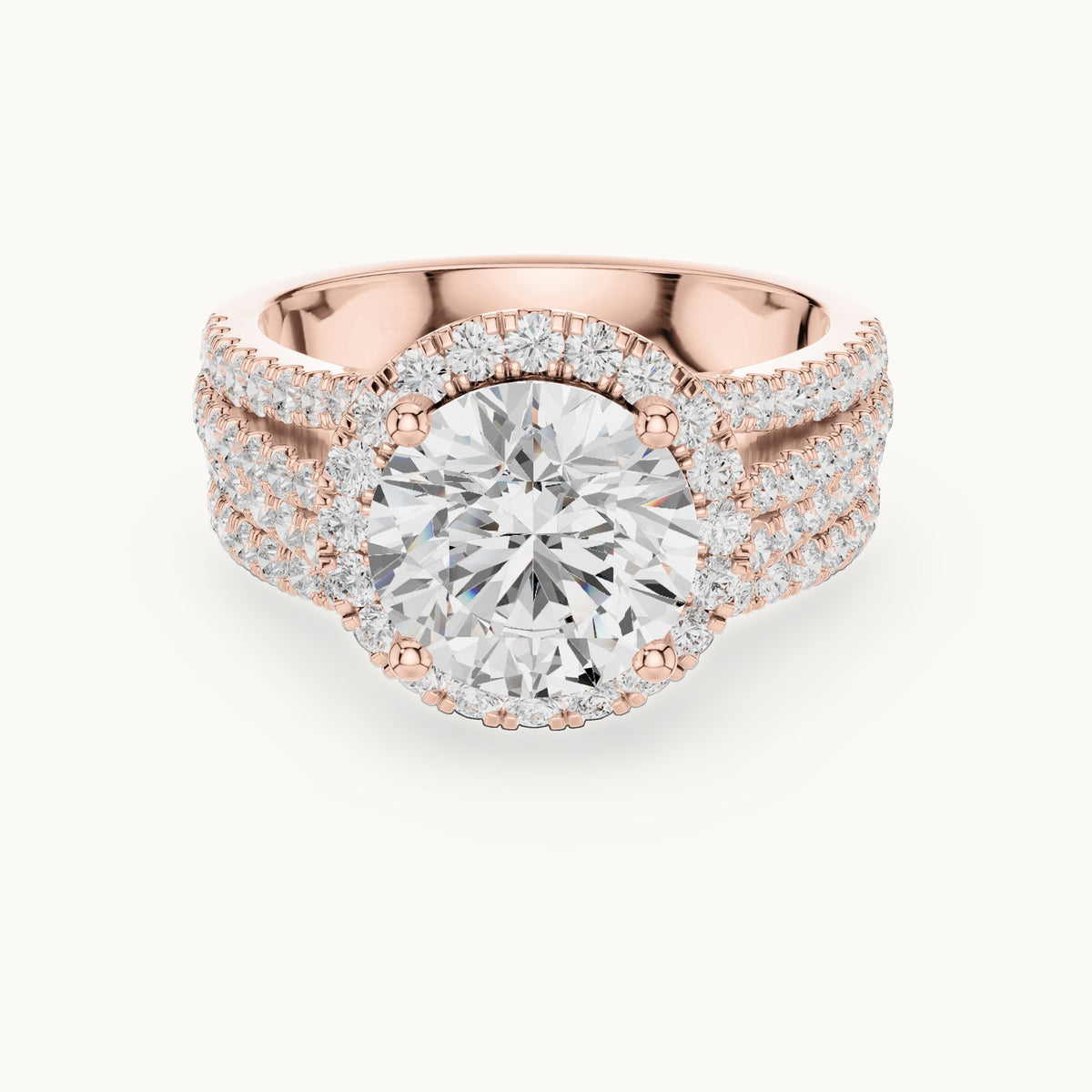 Round lab-grown diamond halo engagement ring with triple-row band in rose gold, 3.63 CT TW, view 4