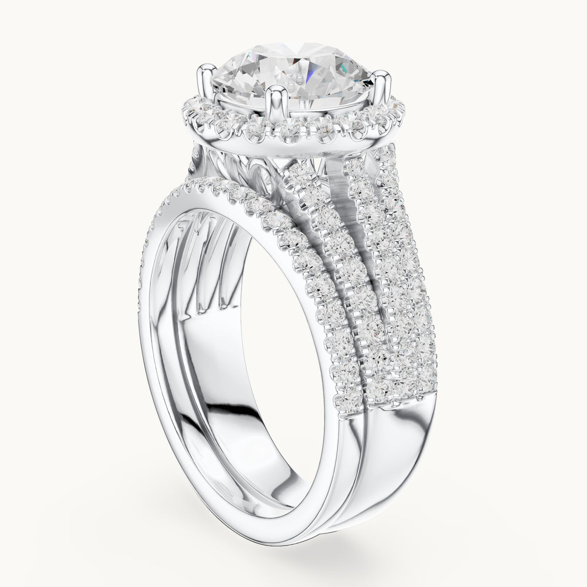 Round lab-grown diamond halo engagement ring with triple-row band in white gold, 3.63 CT TW, view 1