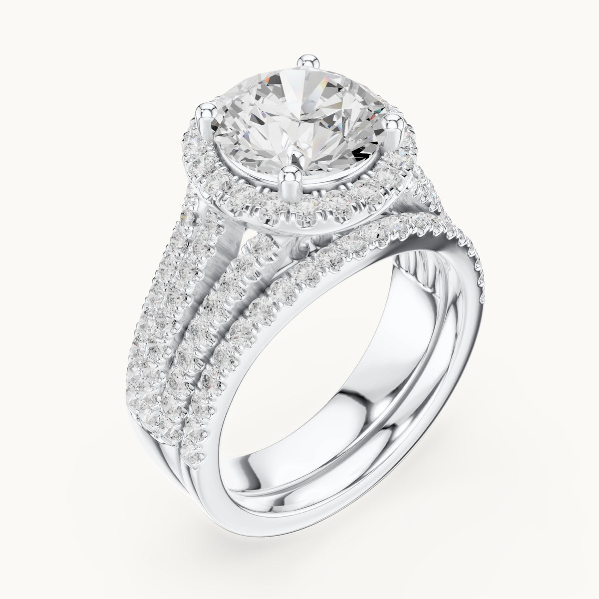 Round lab-grown diamond halo engagement ring with triple-row band in white gold, 3.63 CT TW, view 2