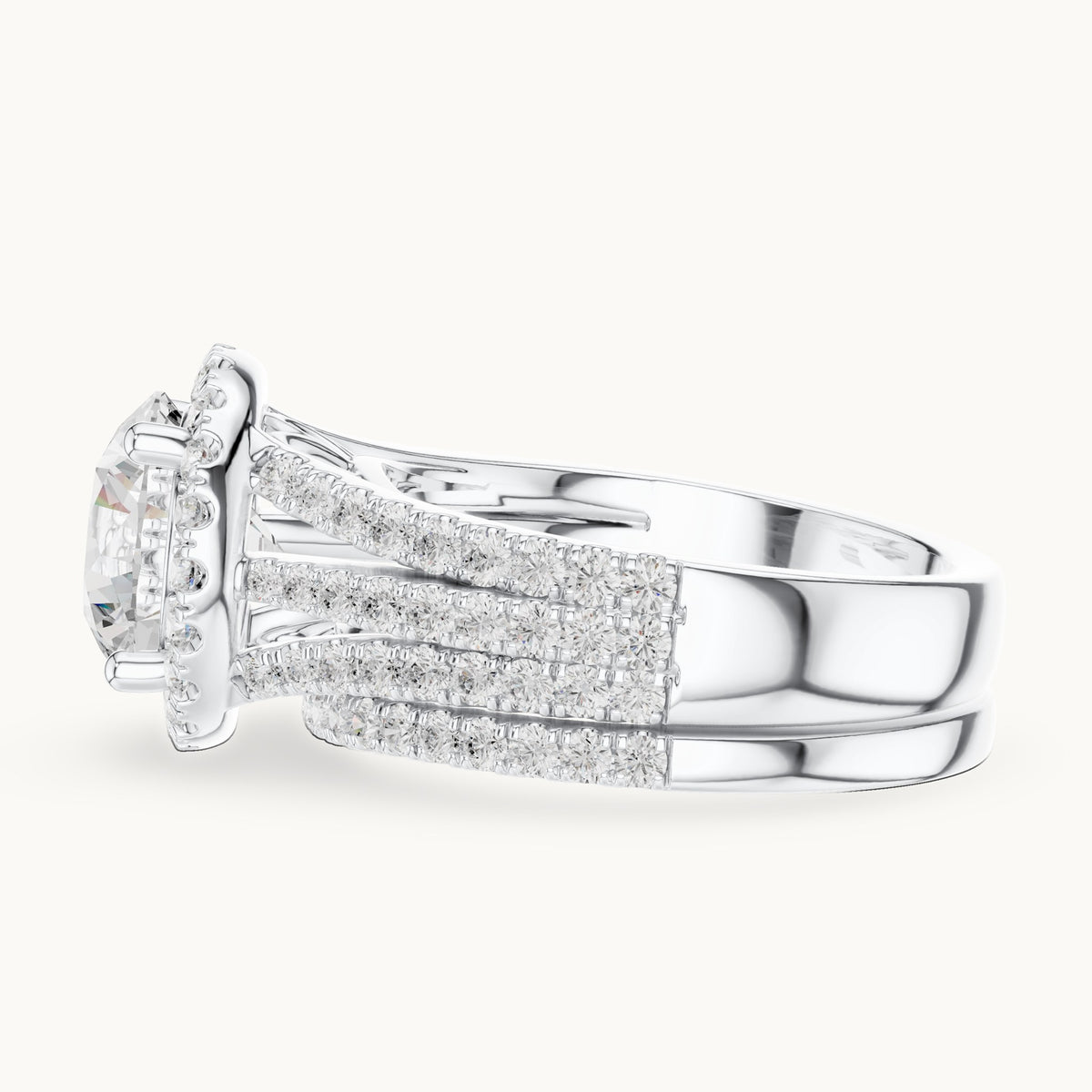Round lab-grown diamond halo engagement ring with triple-row band in white gold, 3.63 CT TW, view 3