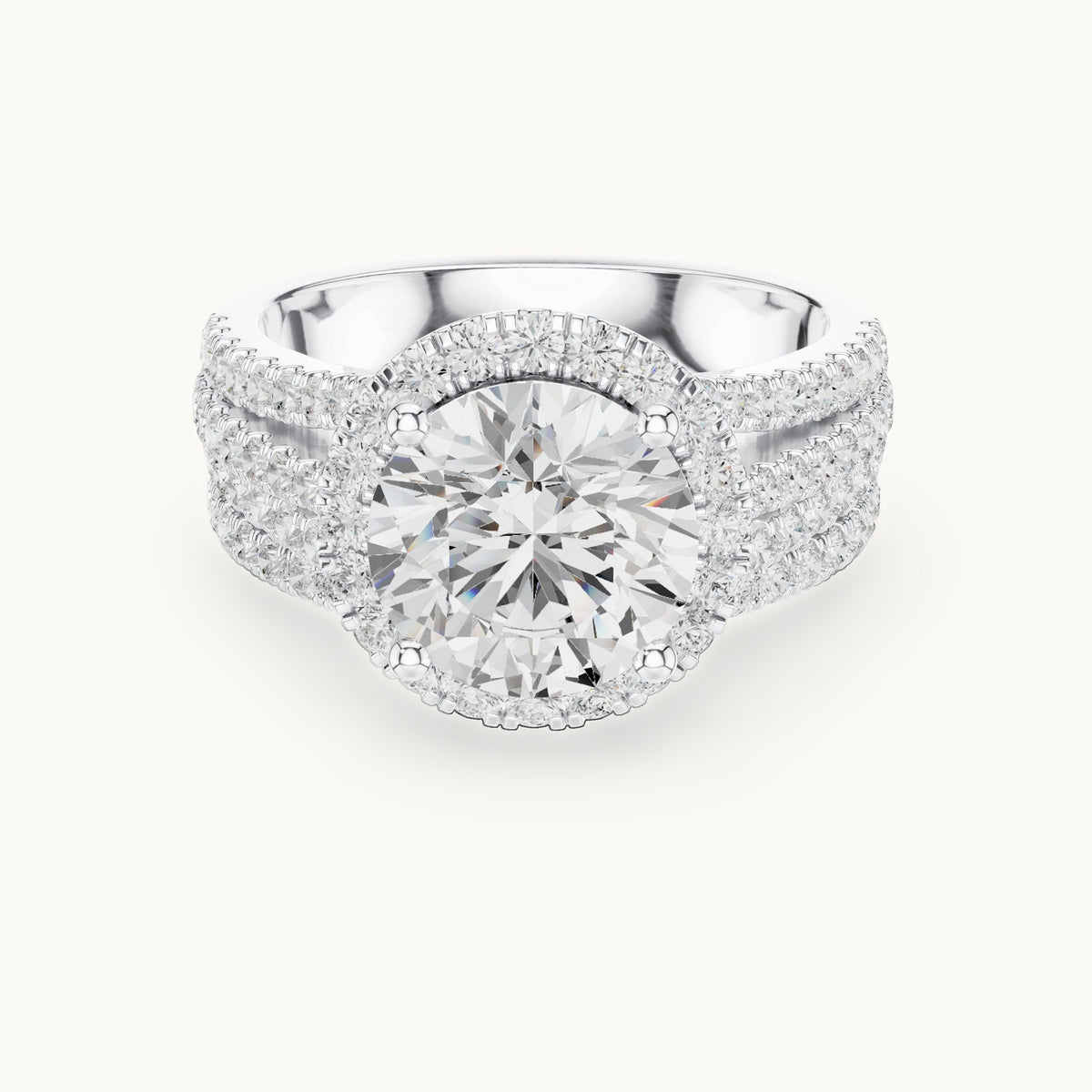 Round lab-grown diamond halo engagement ring with triple-row band in white gold, 3.63 CT TW, view 4