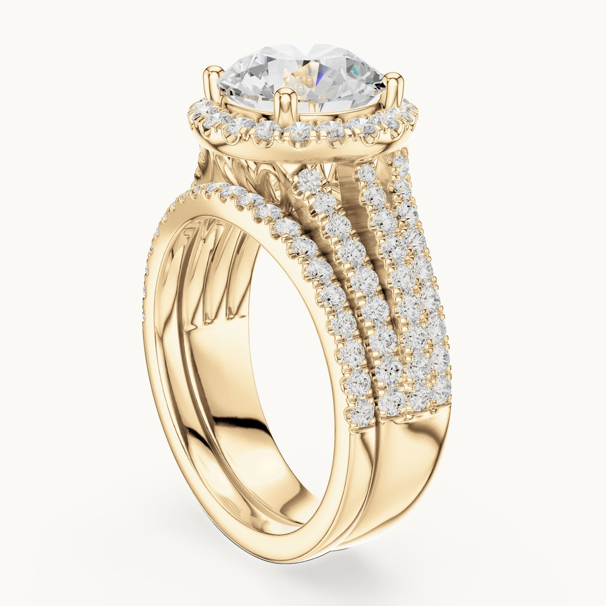 Round lab-grown diamond halo engagement ring with triple-row band in yellow gold, 3.63 CT TW, view 1