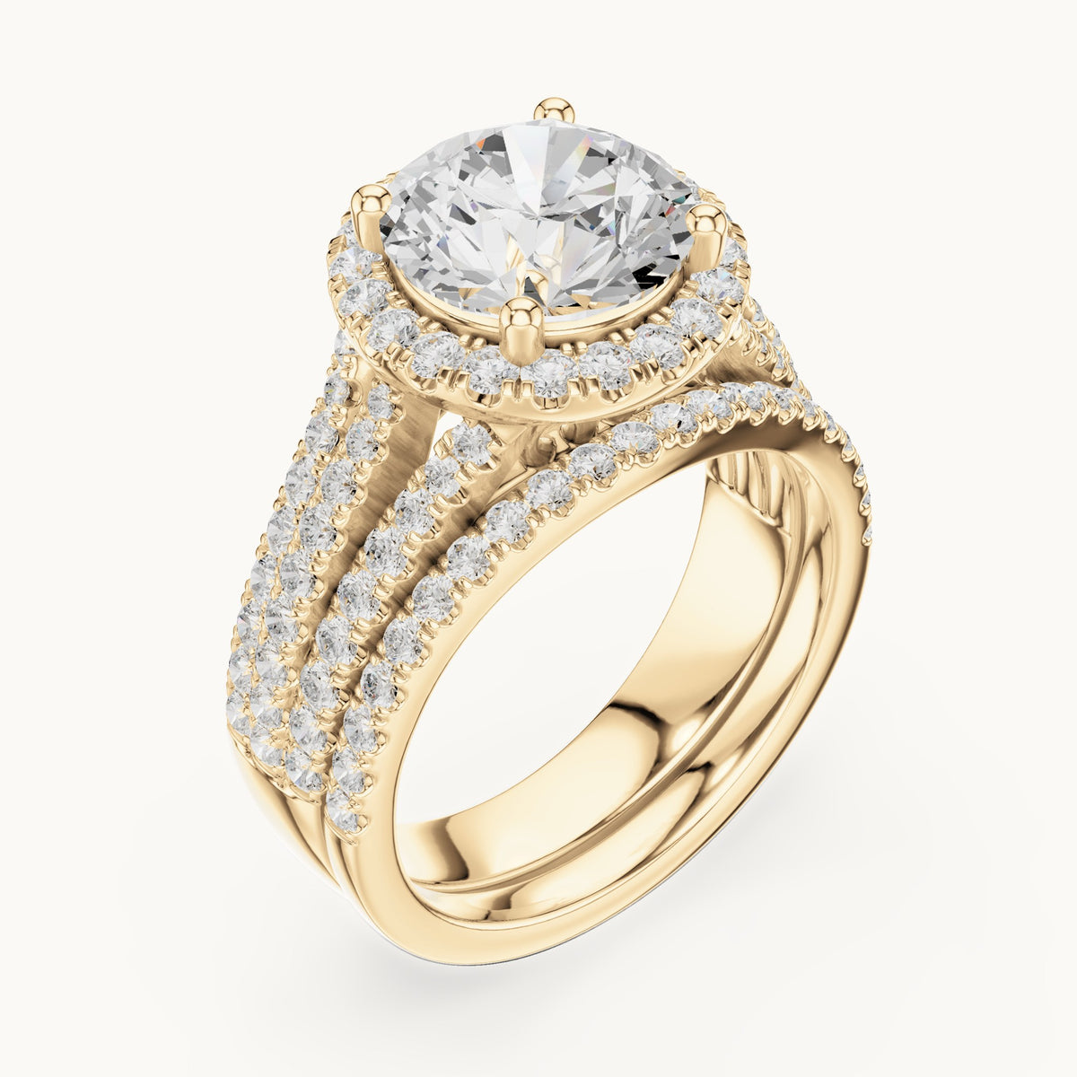 Round lab-grown diamond halo engagement ring with triple-row band in yellow gold, 3.63 CT TW, view 2