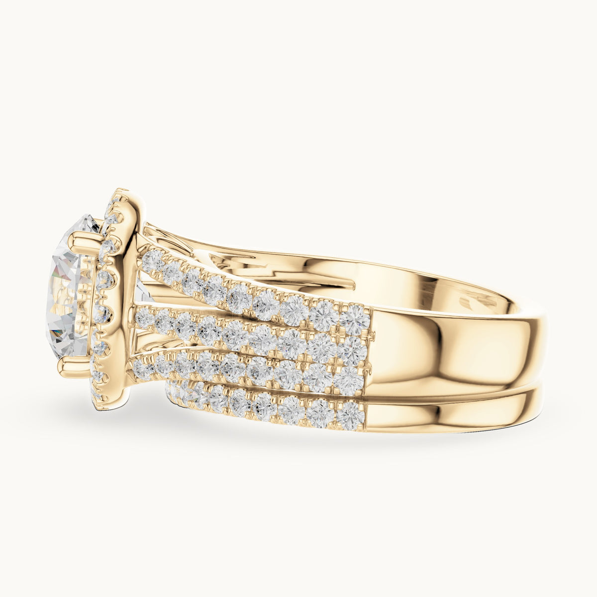 Round lab-grown diamond halo engagement ring with triple-row band in yellow gold, 3.63 CT TW, view 3