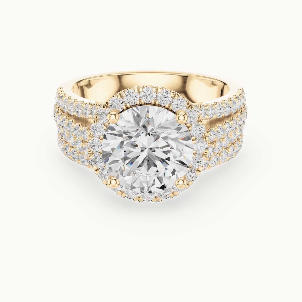 Round lab-grown diamond halo engagement ring with triple-row band in yellow gold, 3.63 CT TW, view 4