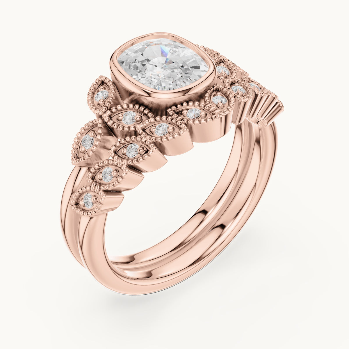 Cushion-cut and round lab-grown diamond vintage bezel double band engagement ring in rose gold, 1.66 CT TW, view 2