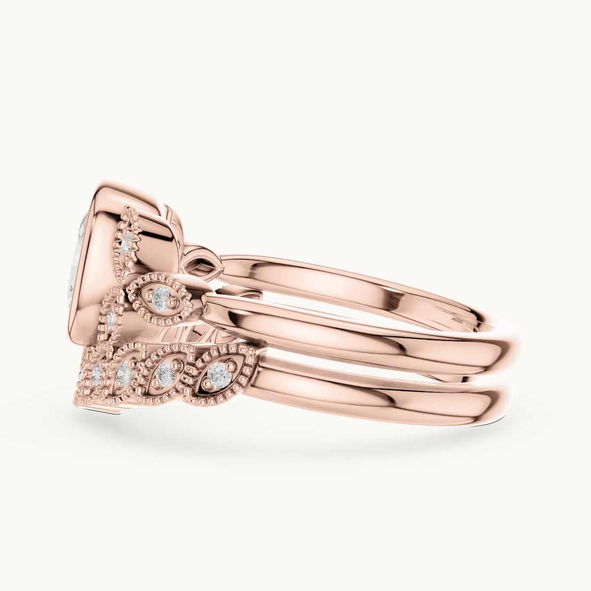 Cushion-cut and round lab-grown diamond vintage bezel double band engagement ring in rose gold, 1.66 CT TW, view 3