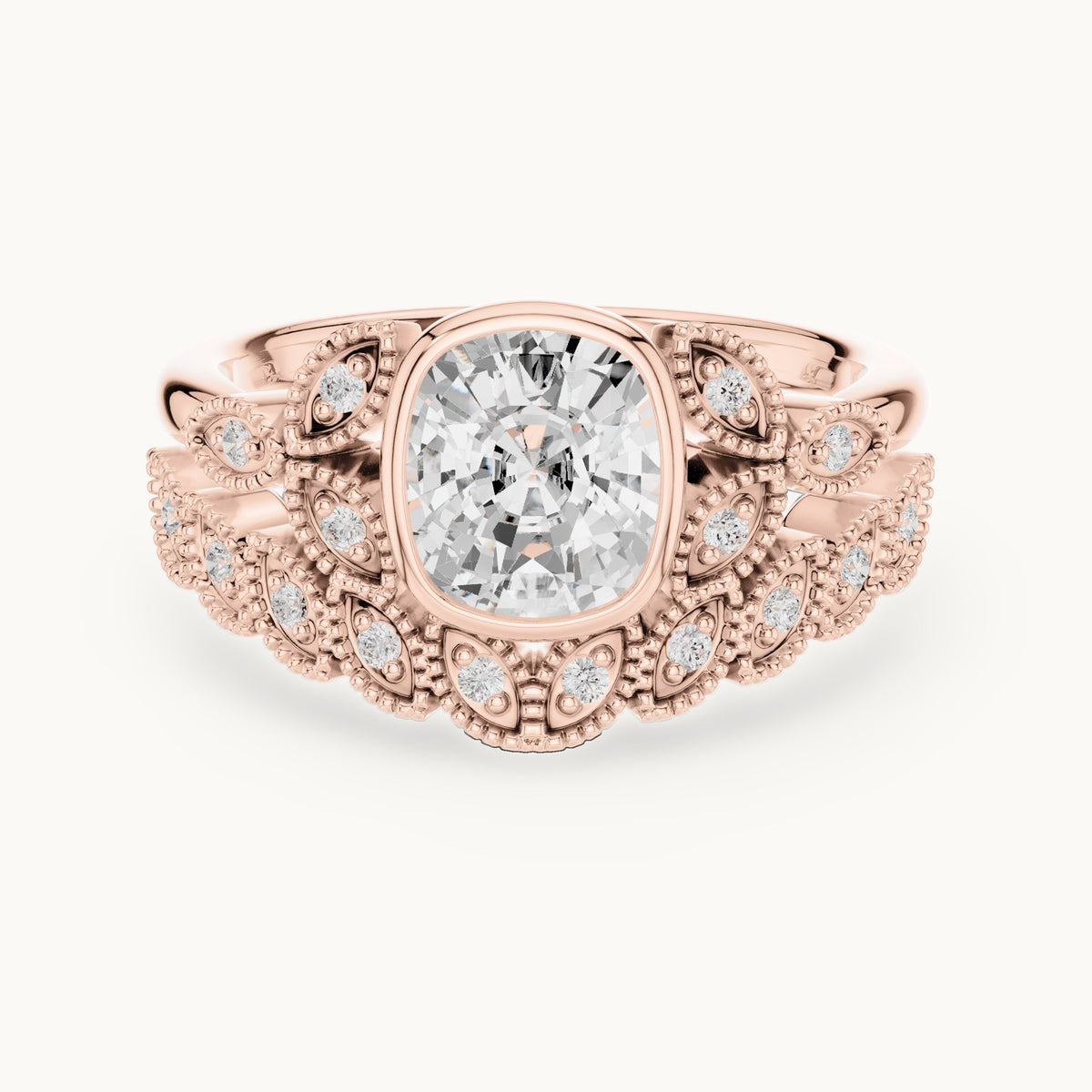 Cushion-cut and round lab-grown diamond vintage bezel double band engagement ring in rose gold, 1.66 CT TW, view 4