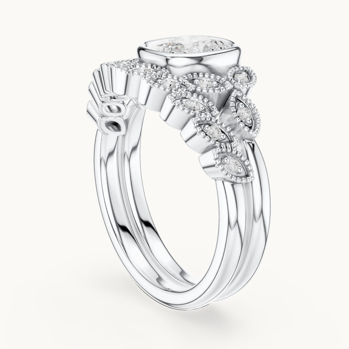 Cushion-cut and round lab-grown diamond vintage bezel double band engagement ring in white gold, 1.66 CT TW, view 1