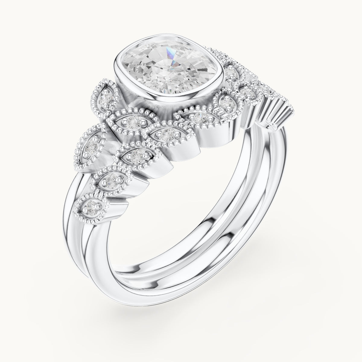 Cushion-cut and round lab-grown diamond vintage bezel double band engagement ring in white gold, 1.66 CT TW, view 2