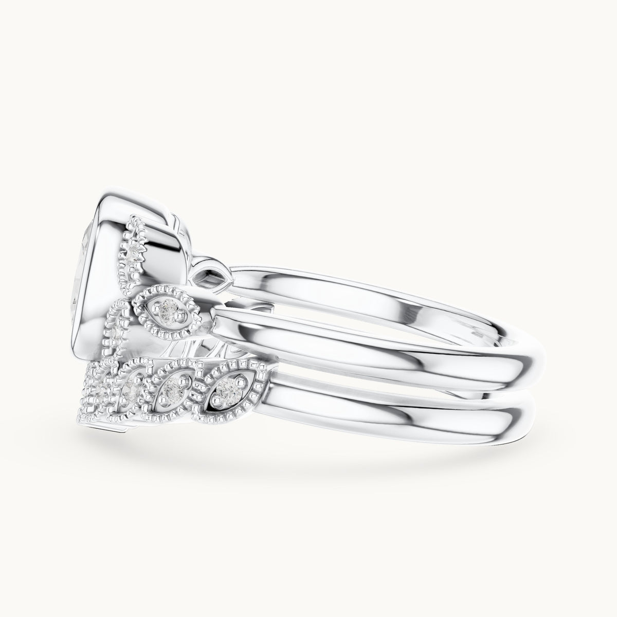Cushion-cut and round lab-grown diamond vintage bezel double band engagement ring in white gold, 1.66 CT TW, view 3