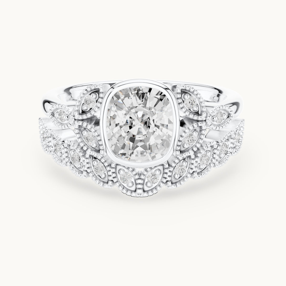 Cushion-cut and round lab-grown diamond vintage bezel double band engagement ring in white gold, 1.66 CT TW, view 4