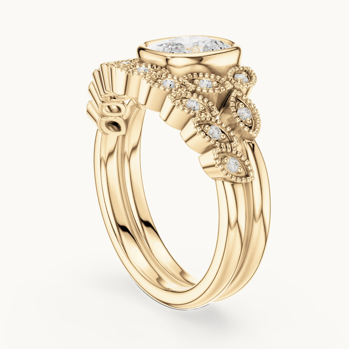 Cushion-cut and round lab-grown diamond vintage bezel double band engagement ring in yellow gold, 1.66 CT TW, view 1