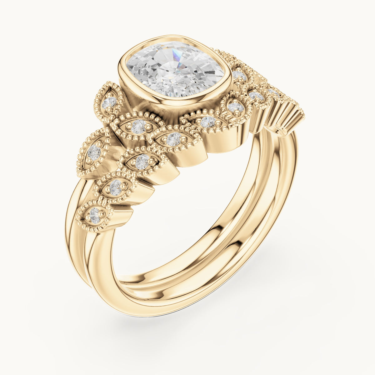Cushion-cut and round lab-grown diamond vintage bezel double band engagement ring in yellow gold, 1.66 CT TW, view 2