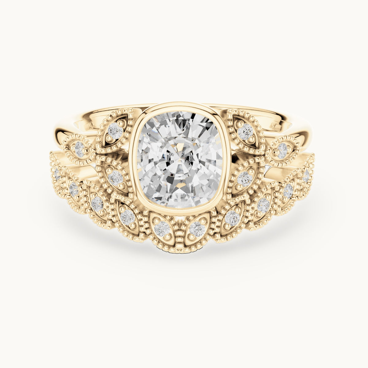 Cushion-cut and round lab-grown diamond vintage bezel double band engagement ring in yellow gold, 1.66 CT TW, view 4
