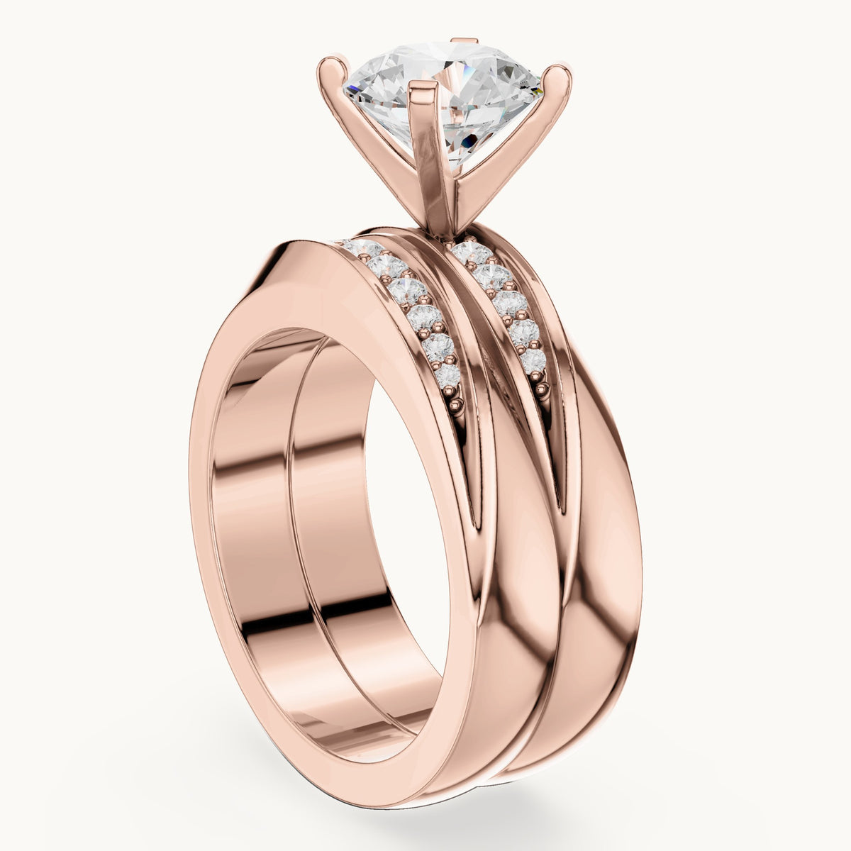 Round lab-grown diamond wide double band engagement ring in rose gold, 1.749 CT TW, view 1