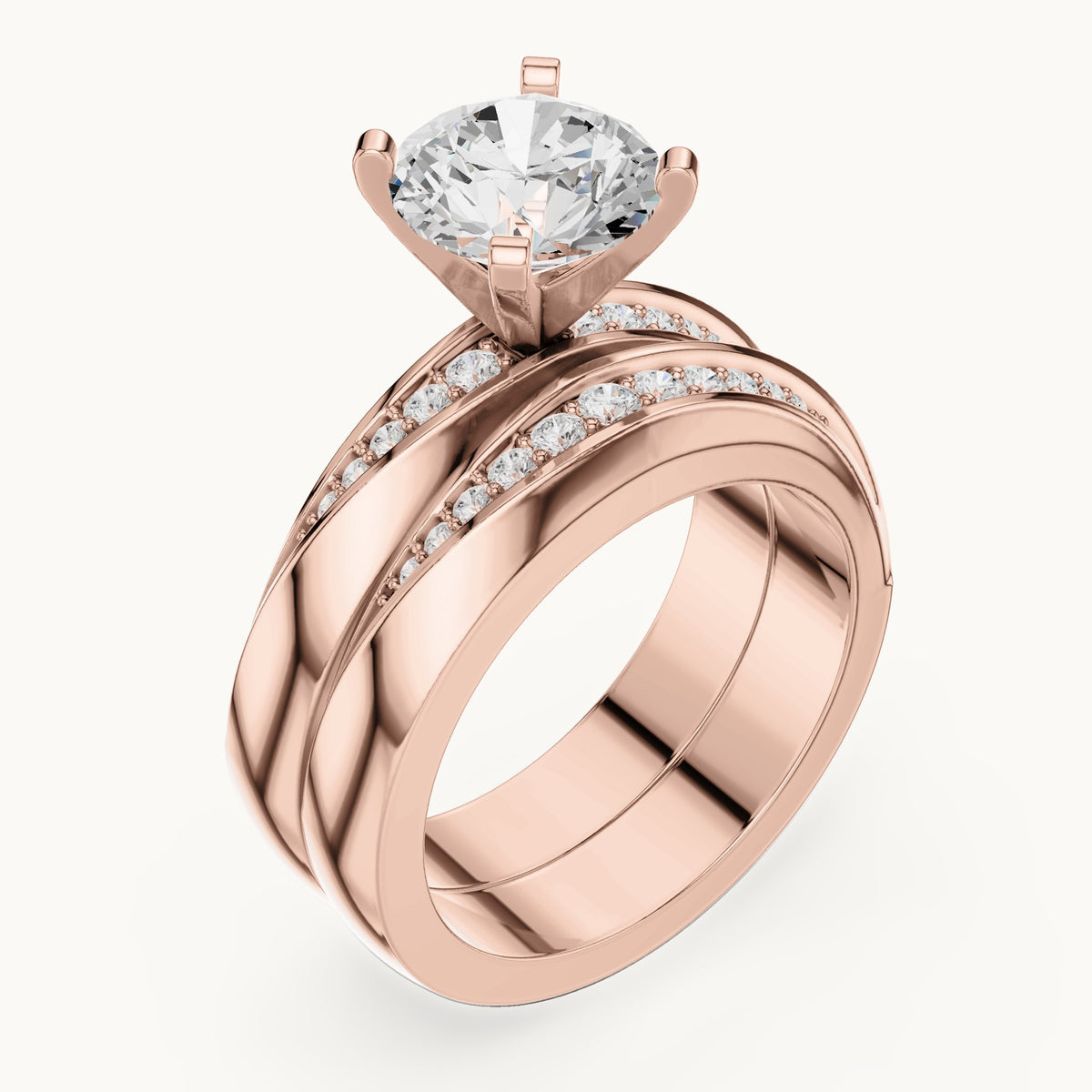 Round lab-grown diamond wide double band engagement ring in rose gold, 1.749 CT TW, view 2