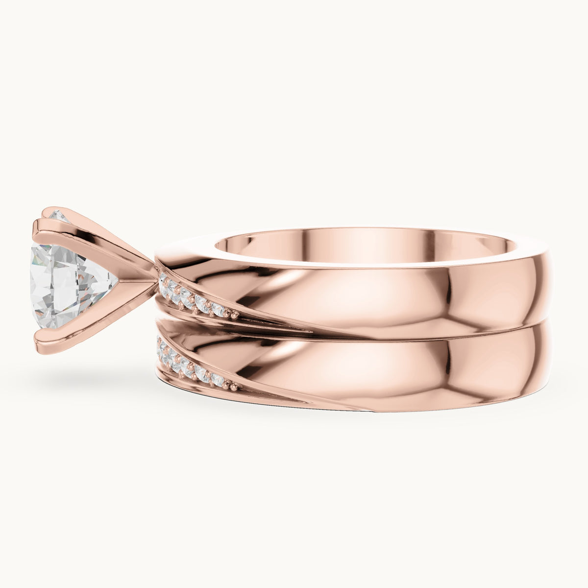 Round lab-grown diamond wide double band engagement ring in rose gold, 1.749 CT TW, view 3