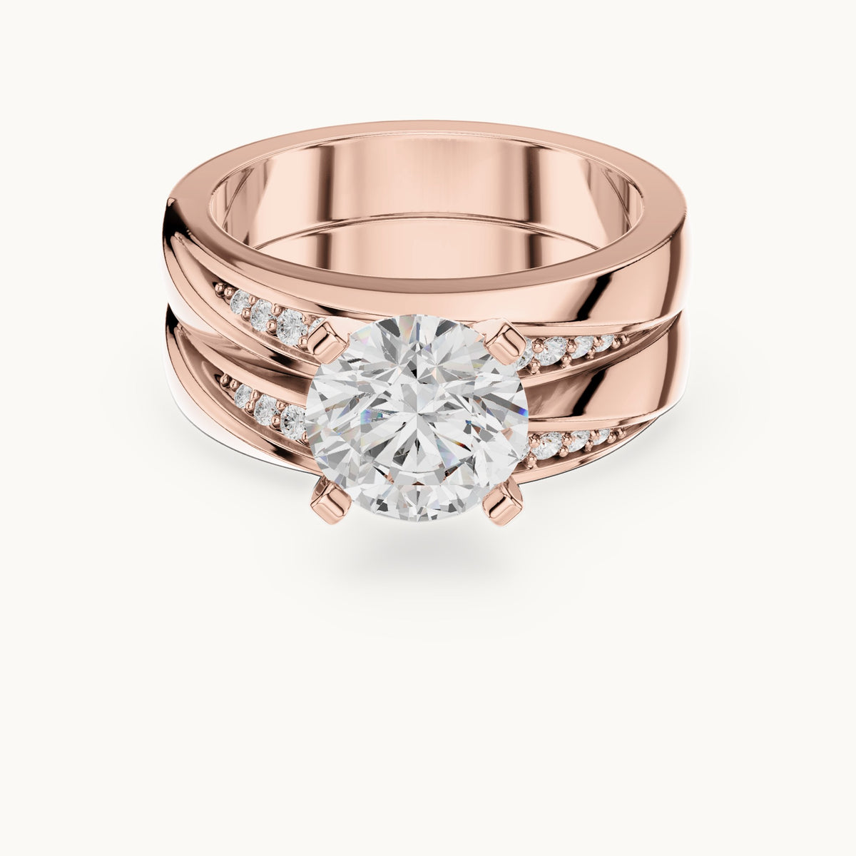 Round lab-grown diamond wide double band engagement ring in rose gold, 1.749 CT TW, view 4