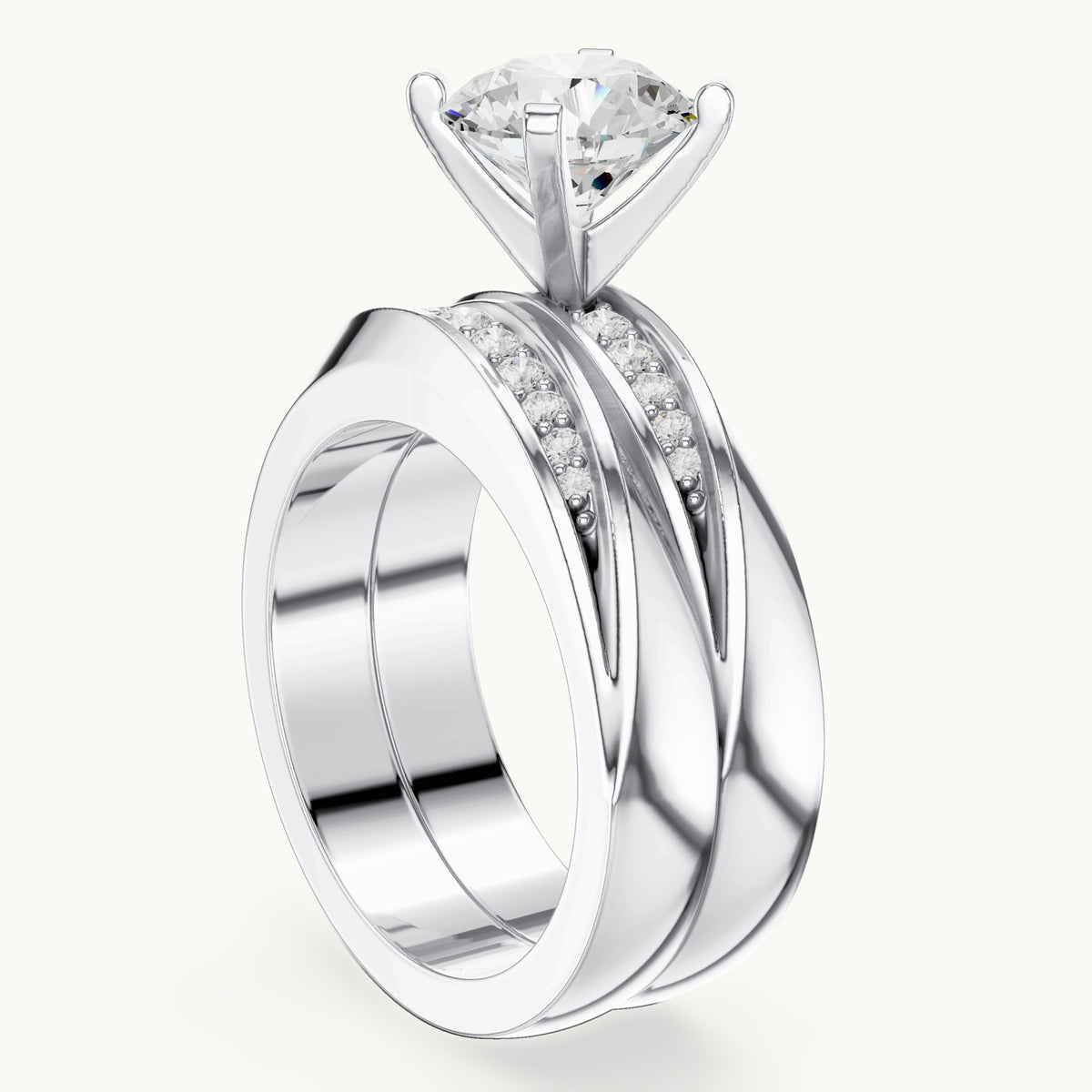 Round lab-grown diamond wide double band engagement ring in white gold, 1.749 CT TW, view 1