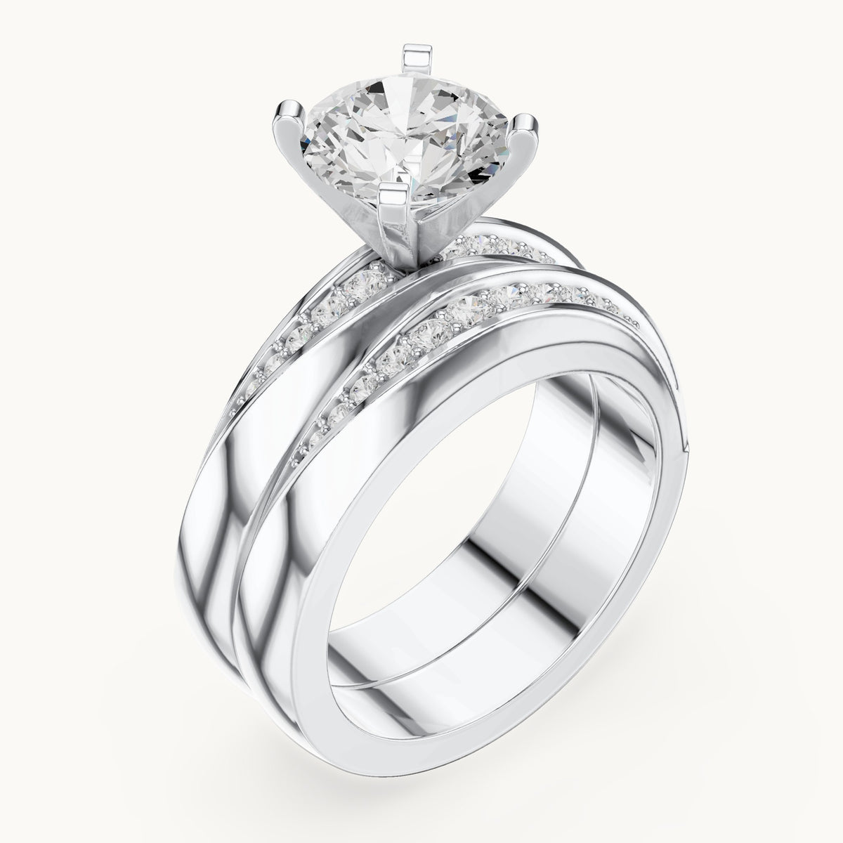 Round lab-grown diamond wide double band engagement ring in white gold, 1.749 CT TW, view 2
