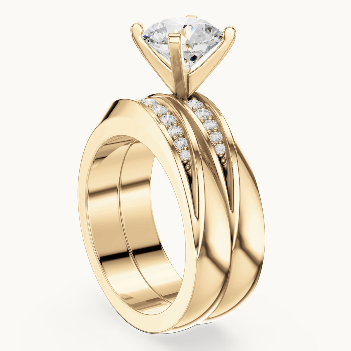 Round lab-grown diamond wide double band engagement ring in yellow gold, 1.749 CT TW, view 1