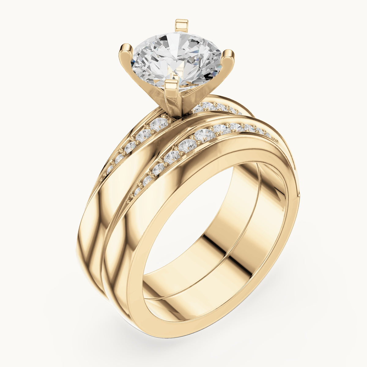 Round lab-grown diamond wide double band engagement ring in yellow gold, 1.749 CT TW, view 2